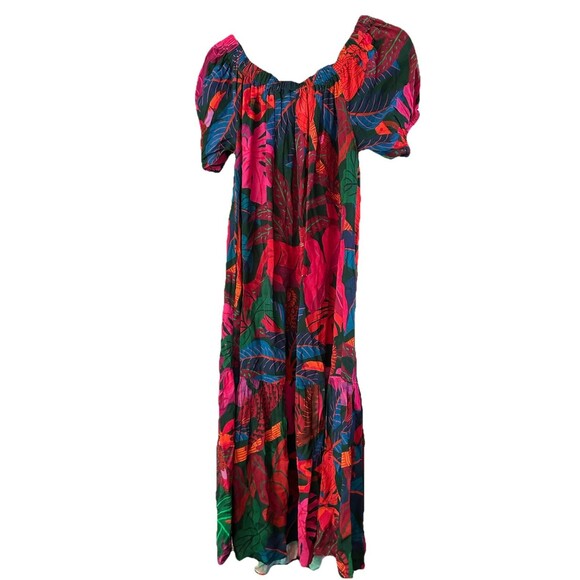 Farm Rio Off Shoulder Dress Coverup Anthropologie Tropical Leaf Tiered Siz M NEW - Picture 6 of 10